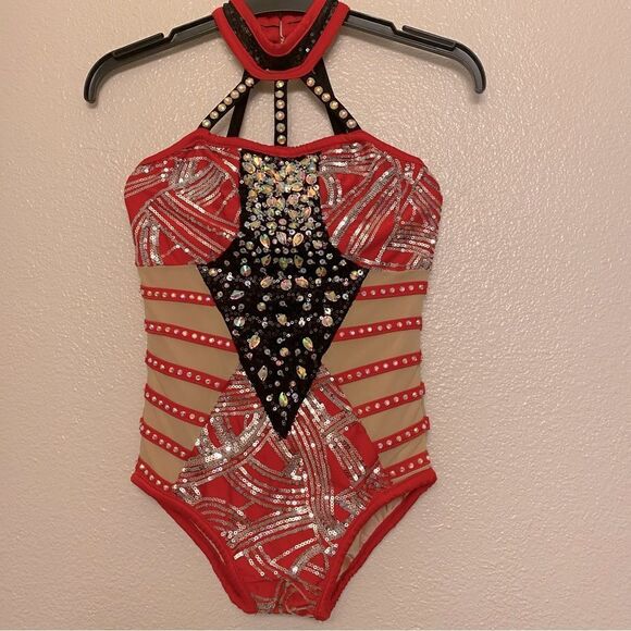 Glamour solo dance costume custom red mesh rhinestone embellished leotard MC - Picture 4 of 11